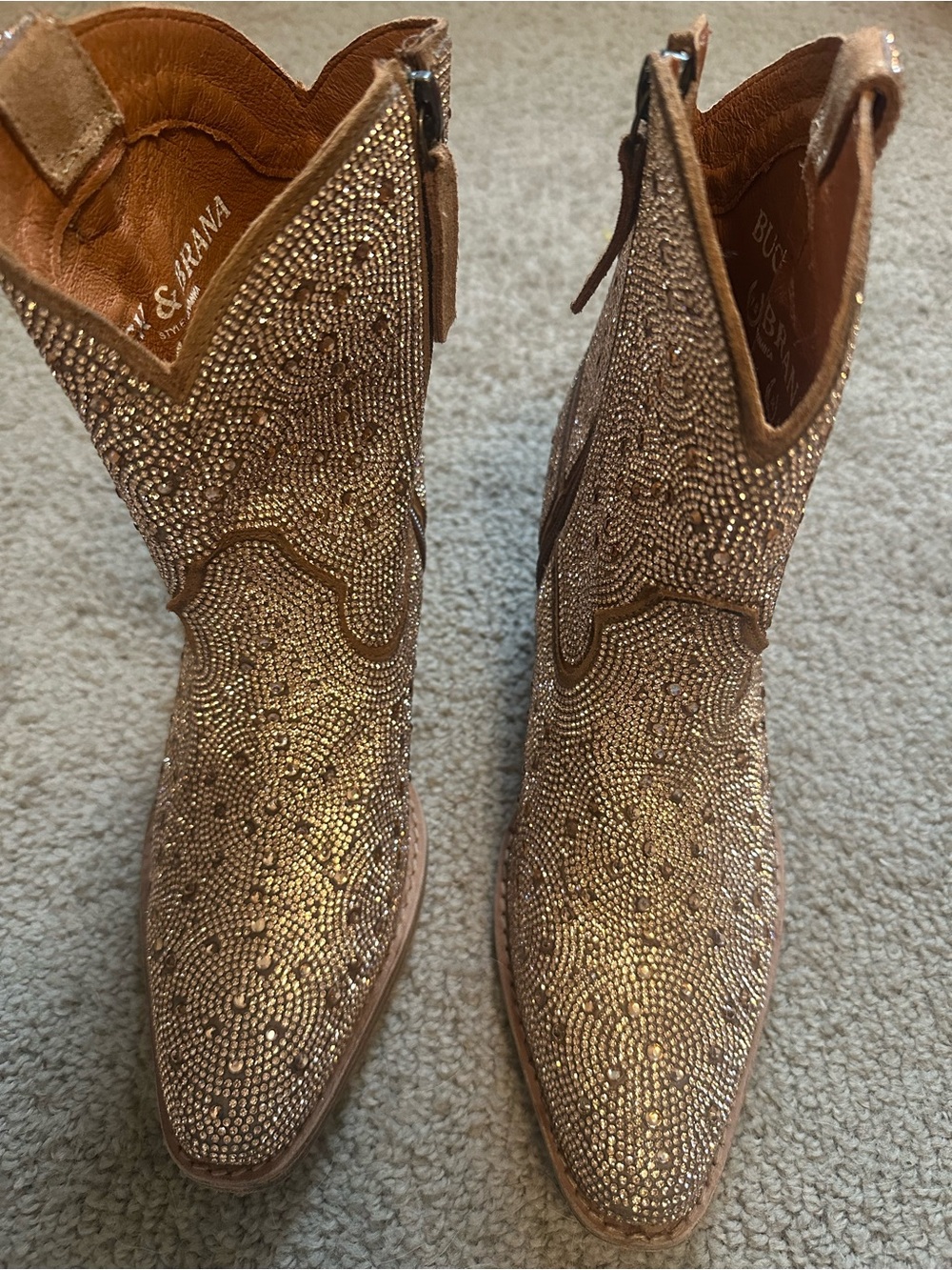Buck & Brana Jovanka Rhinestone Cowboy Boots Camel Gold Leather Sz 7.5